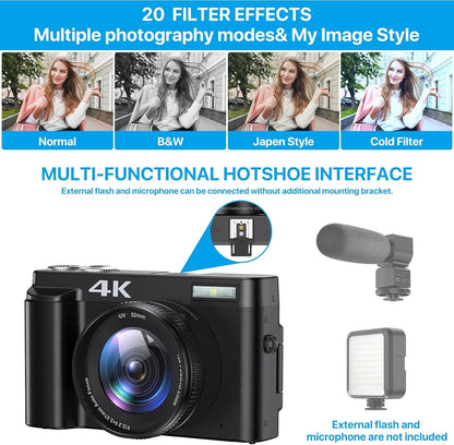 Vlogging Camera 4K Digital Cameras 48MP for Photography Autofocus 16X Digital Zoom for Youtube with 32GB Card