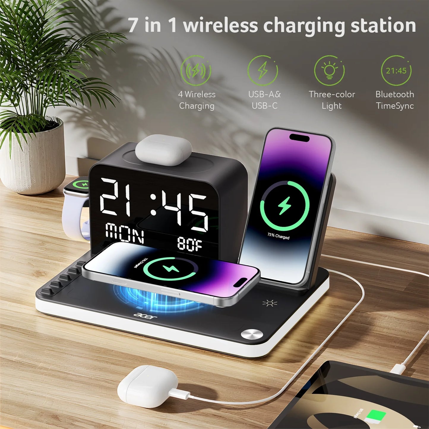 7 in 1 Wireless Charging Station: Wireless Charger Iphone Charging Station for Multiple Devices Apple - Iphone 17 16 15 14 13 12 11 Pro Max Apple Watch Airpods, Magsafe Charger Stand Samsung