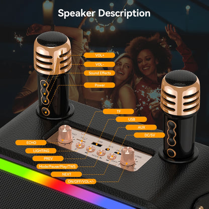 Karaoke Machine with 2 UHF Wireless Microphone, Portable Bluetooth Karaoke with RGB Colorful Light, Reverb Adjustment, PA System Singing Machine Party Karaoke Speaker