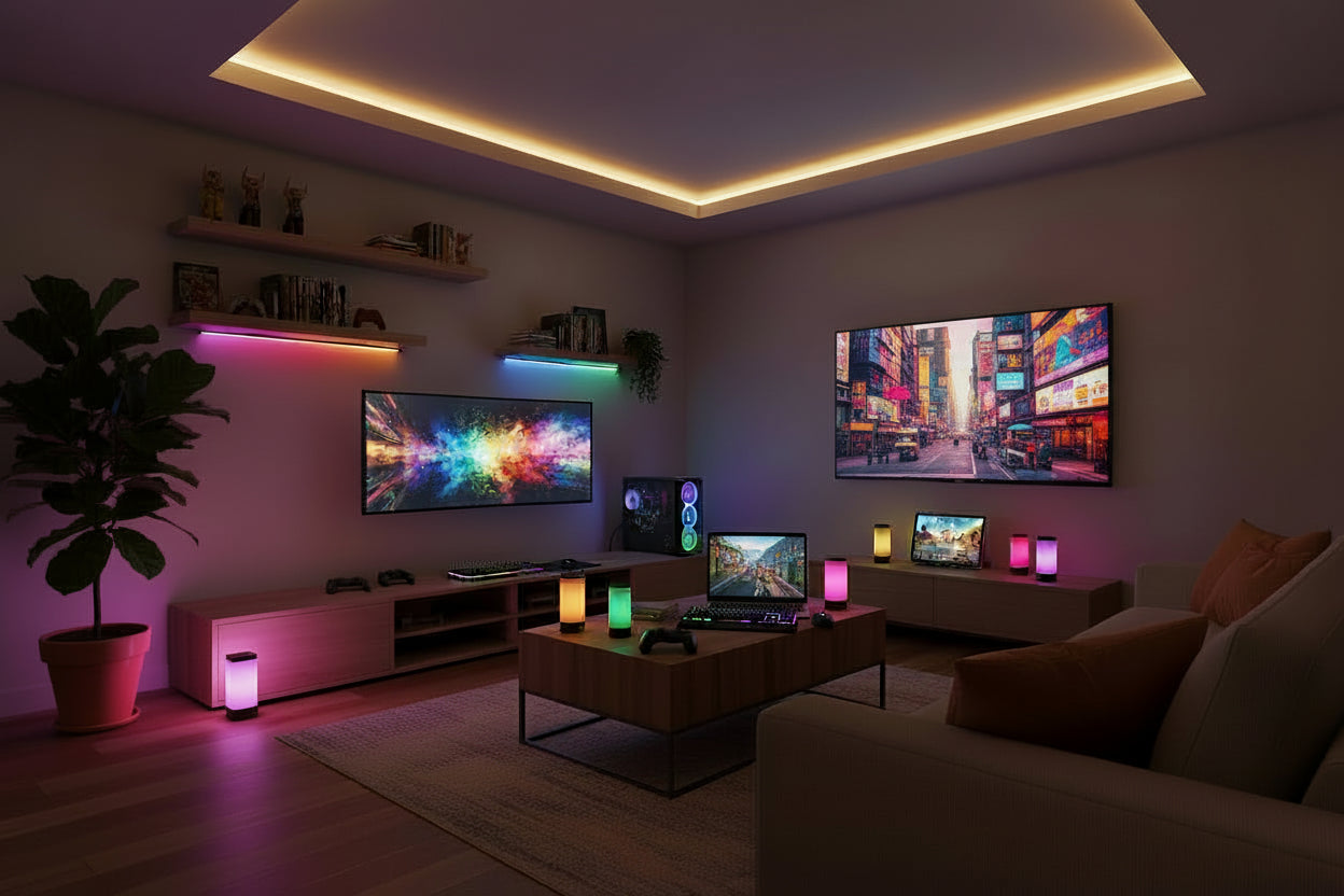 Modern living room with multiple computer monitors and gaming setup in a dimly lit room.