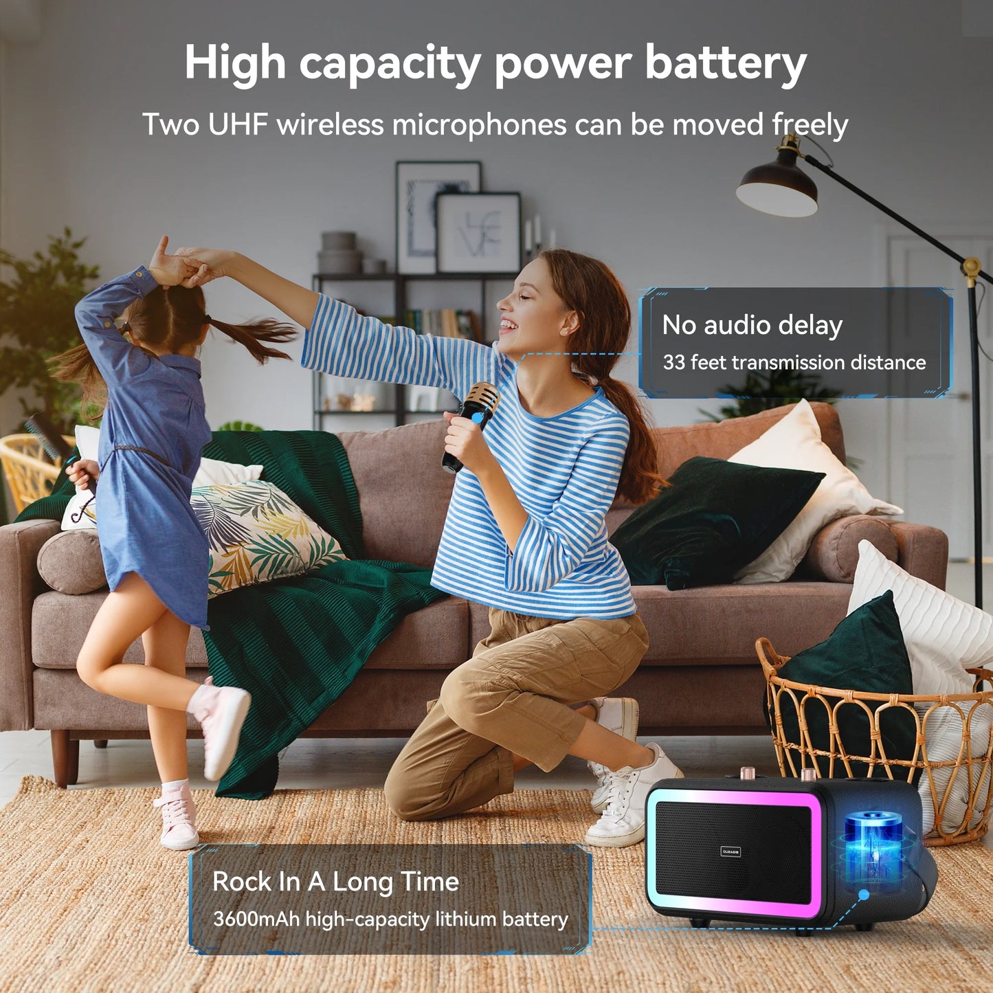 Karaoke Machine with 2 UHF Wireless Microphone, Portable Bluetooth Karaoke with RGB Colorful Light, Reverb Adjustment, PA System Singing Machine Party Karaoke Speaker