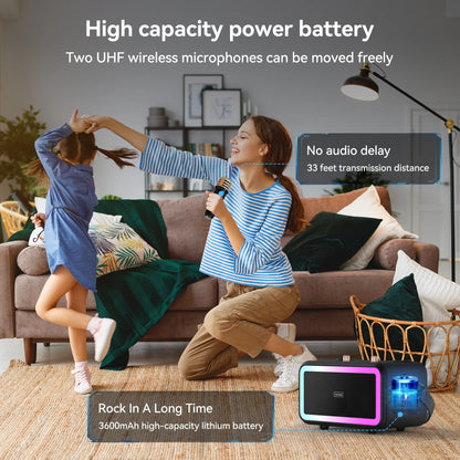 Karaoke Machine with 2 UHF Wireless Microphone, Portable Bluetooth Karaoke with RGB Colorful Light, Reverb Adjustment, PA System Singing Machine Party Karaoke Speaker