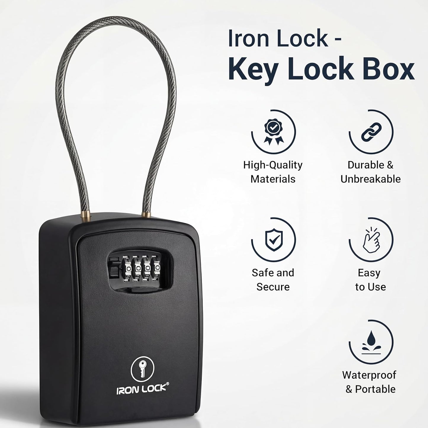 ® Key Lock Box Portable with Cable Shackle & Wall Mount – Waterproof Heavy Duty Metal Lock Box for Keys with 4-Digit Combination Code on Door Knob, Fence, Pipe or Gate (Black, XXL)