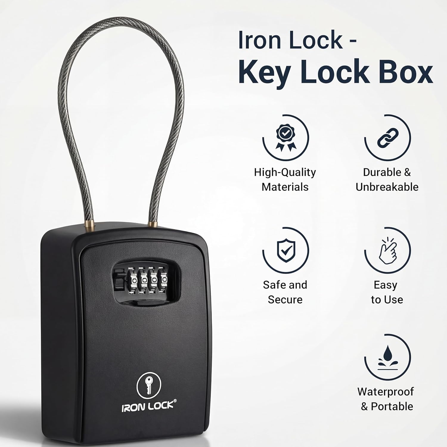 ® Key Lock Box Portable with Cable Shackle & Wall Mount – Waterproof Heavy Duty Metal Lock Box for Keys with 4-Digit Combination Code on Door Knob, Fence, Pipe or Gate (Black, XXL)