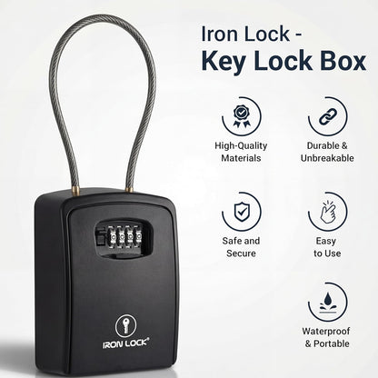 ® Key Lock Box Portable with Cable Shackle & Wall Mount – Waterproof Heavy Duty Metal Lock Box for Keys with 4-Digit Combination Code on Door Knob, Fence, Pipe or Gate (Black, XXL)