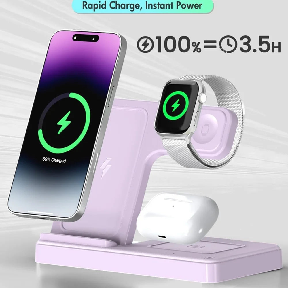 Wireless Charger for Iphone,3 in 1 Wireless Charging Station for Iphone 17 16 15 14 13 12 11 Pro Max plus XS XR X 8,For Iwatch 9 8 7 6 5 4 3 2 Se,For Airpods 3 2 Pro,Purple,No Adapter