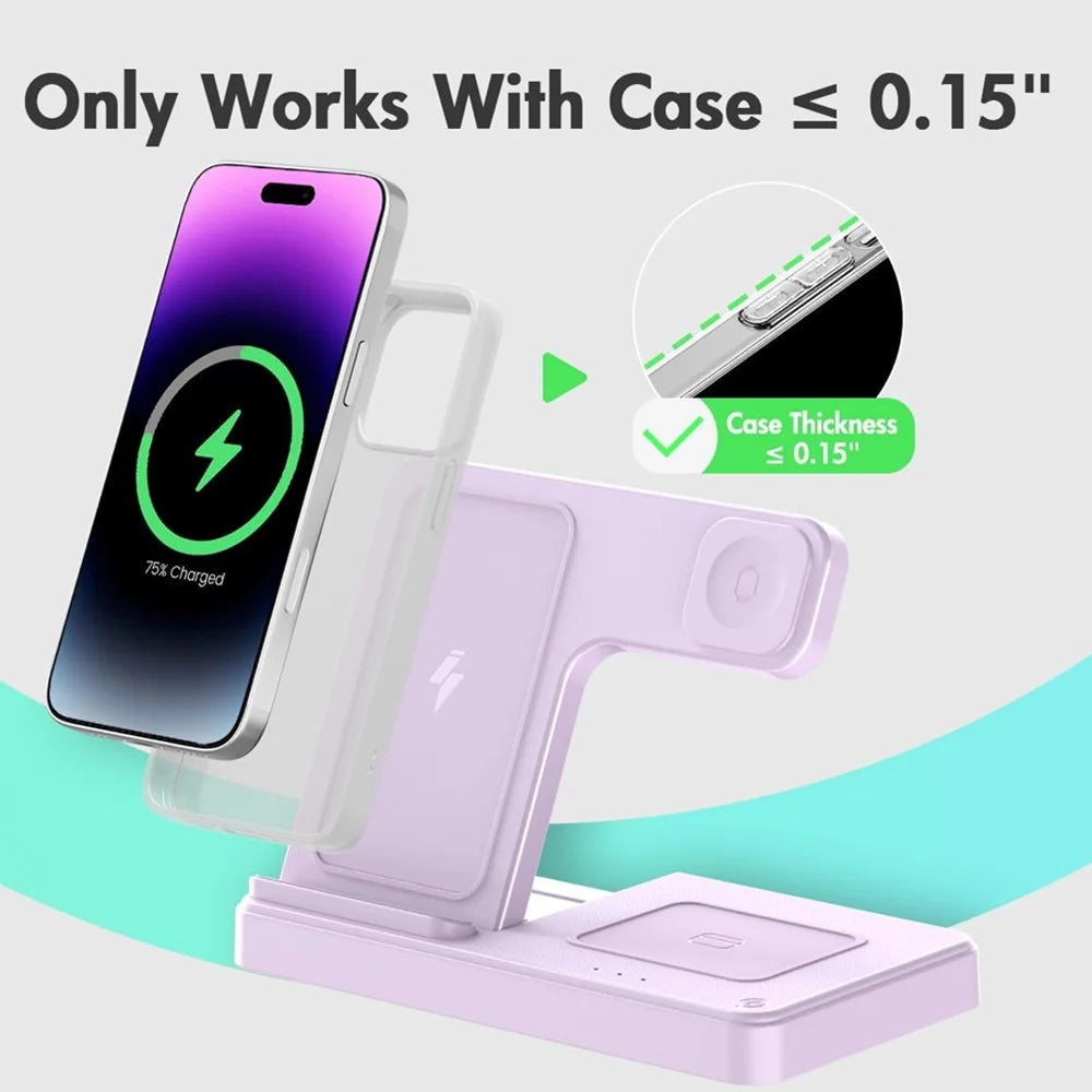 Wireless Charger for Iphone,3 in 1 Wireless Charging Station for Iphone 17 16 15 14 13 12 11 Pro Max plus XS XR X 8,For Iwatch 9 8 7 6 5 4 3 2 Se,For Airpods 3 2 Pro,Purple,No Adapter
