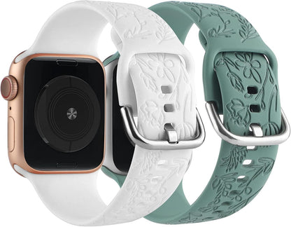 2 Pack Flower Engraved Sport Strap Compatible with Apple Watch Bands 38Mm 40Mm 41Mm, Women Floral Laser Soft Silicone Wristband Replacement Iwatch Series 10 9 8 7 6 5 4 3 2 1 SE