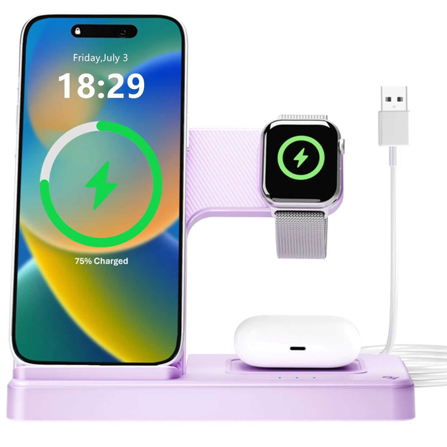 Wireless Charger for Iphone,3 in 1 Wireless Charging Station for Iphone 17 16 15 14 13 12 11 Pro Max plus XS XR X 8,For Iwatch 9 8 7 6 5 4 3 2 Se,For Airpods 3 2 Pro,Purple,No Adapter