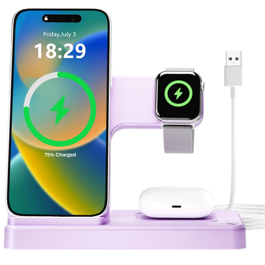 Wireless Charger for Iphone,3 in 1 Wireless Charging Station for Iphone 17 16 15 14 13 12 11 Pro Max plus XS XR X 8,For Iwatch 9 8 7 6 5 4 3 2 Se,For Airpods 3 2 Pro,Purple,No Adapter
