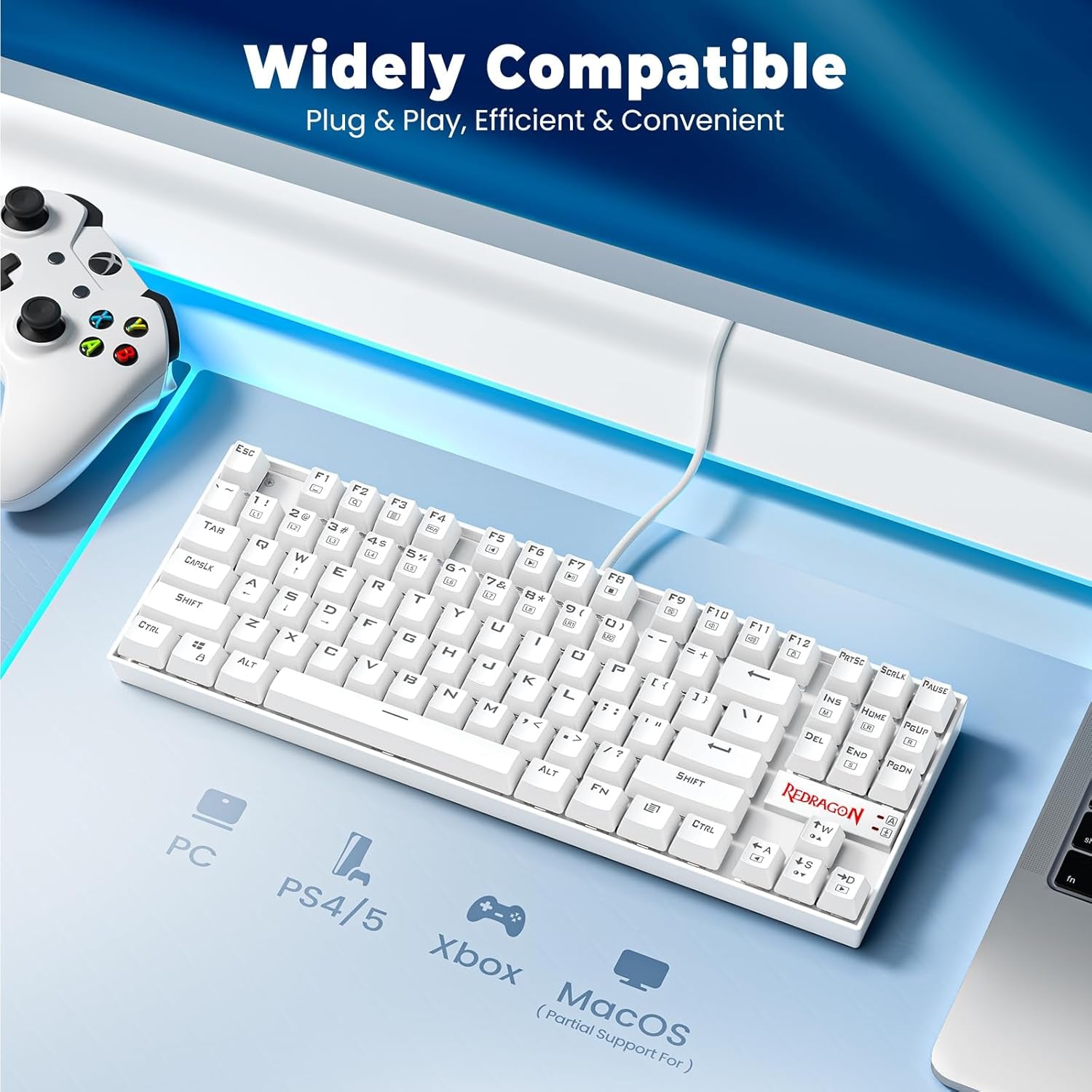 K552P Mechanical Gaming Keyboard TKL with 18 Backlight Modes, Hot-Swappable Red Switches, 87-Key Compact Ergonomic Design, N-Key Rollover & Software Programmable Macro - RGB, White