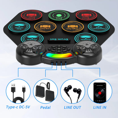 Electronic Drum Set for Kids Adults,9 Pads Portable MIDI Roll-Up Drum Kit with Dual Speakers / Headset Jack / Drumsticks / Foot Pedals,For Beginners