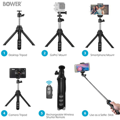 6-In-1 Multi Selfie Tripod with Smartphone & Gopro Mount, Rechargeable Wireless Remote - Black