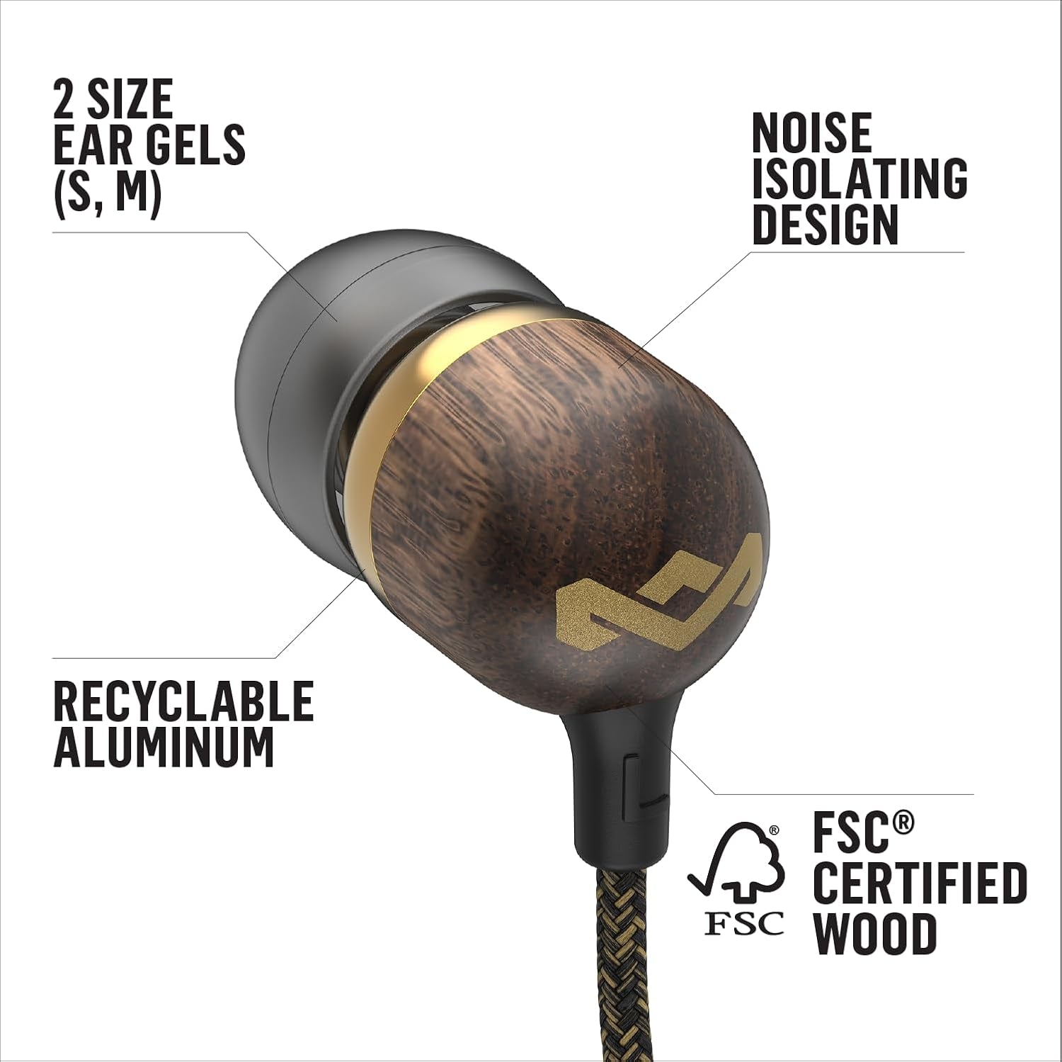 Smile Jamaica: Wired Earphones with Microphone, Noise Isolating Design, and Sustainable Materials, Brass
