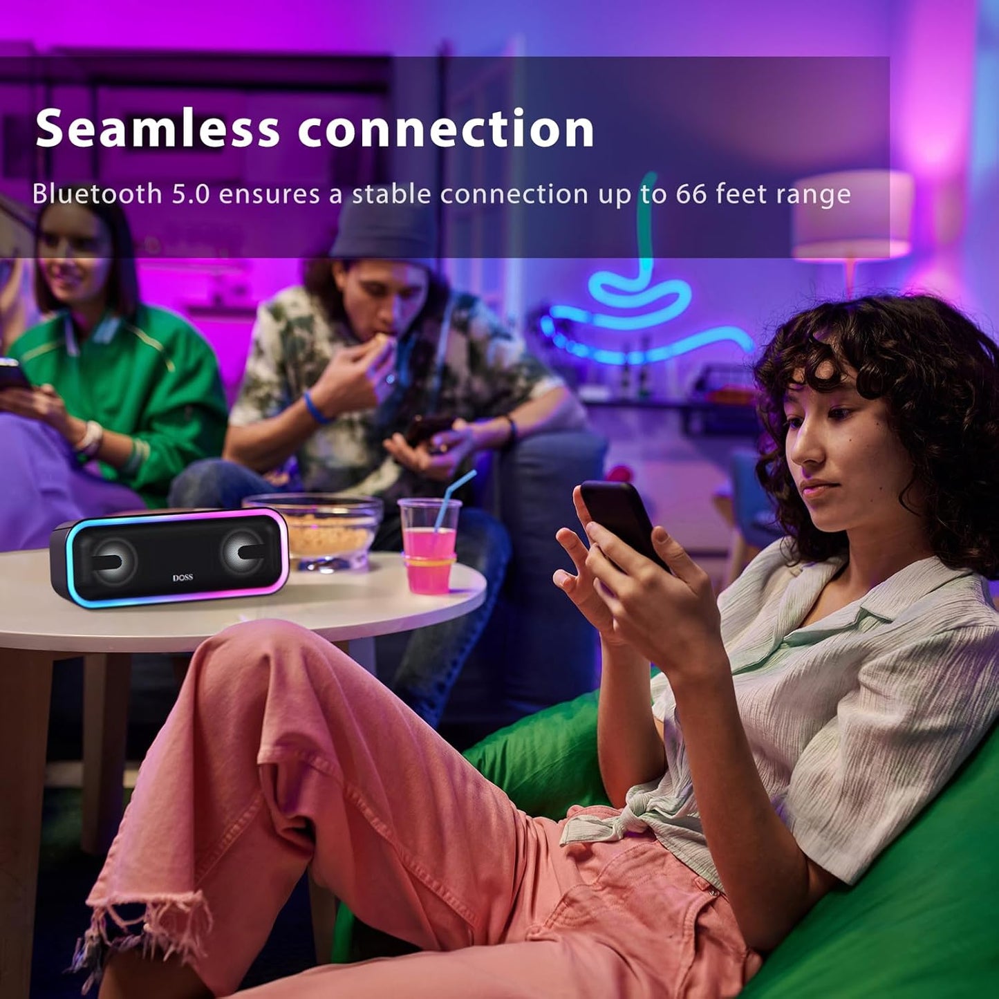 Soundbox Pro+ Bluetooth Speaker, Immersive 24W Stereo Sound with Booming Bass, IPX6 Waterproof, 15H Playtime, Mixed Colors Lights, Wireless for Backyard, Hiking, Garage, Party-Black