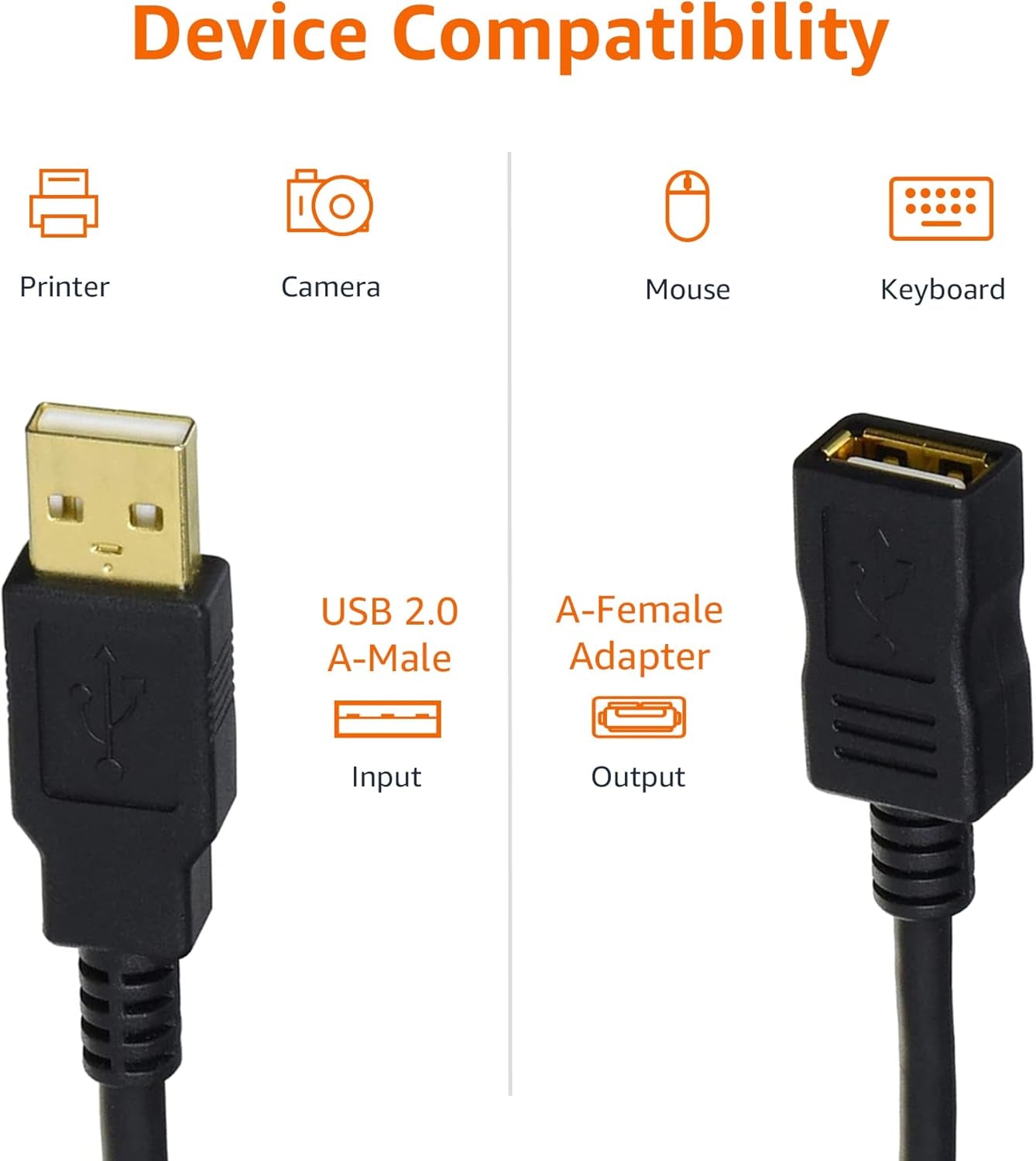 USB-A 2.0 Extension Cable, for Printer, Mouse or Keyboard, Male to Female, 480Mbps Transfer Speed, 6.5 Foot, Black