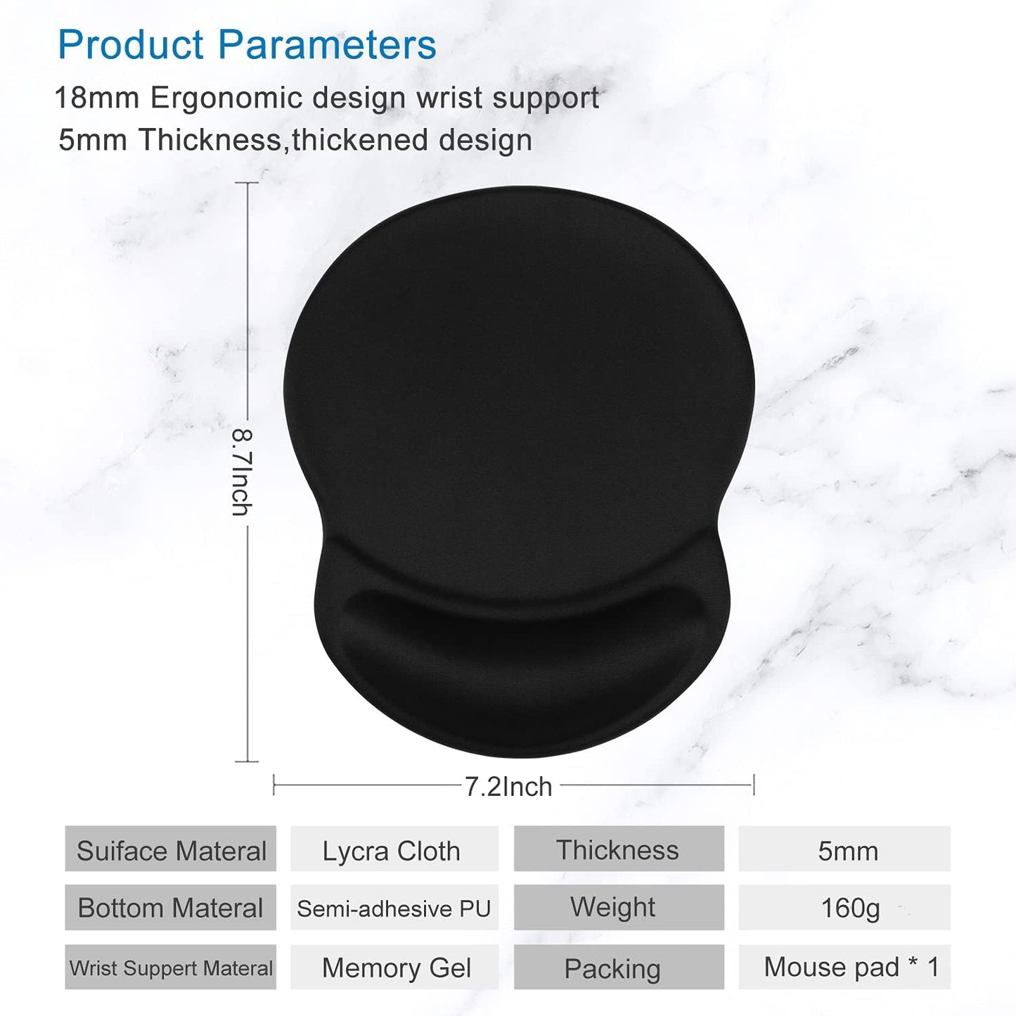 Ergonomic Mouse Pad with Gel Wrist Rest Support Gaming Small Wrist Rest Smooth Surface Non-Slip PU Base Comfortable Office Supplies Pain Relief, 8.7 X 7.2 Inches, Black