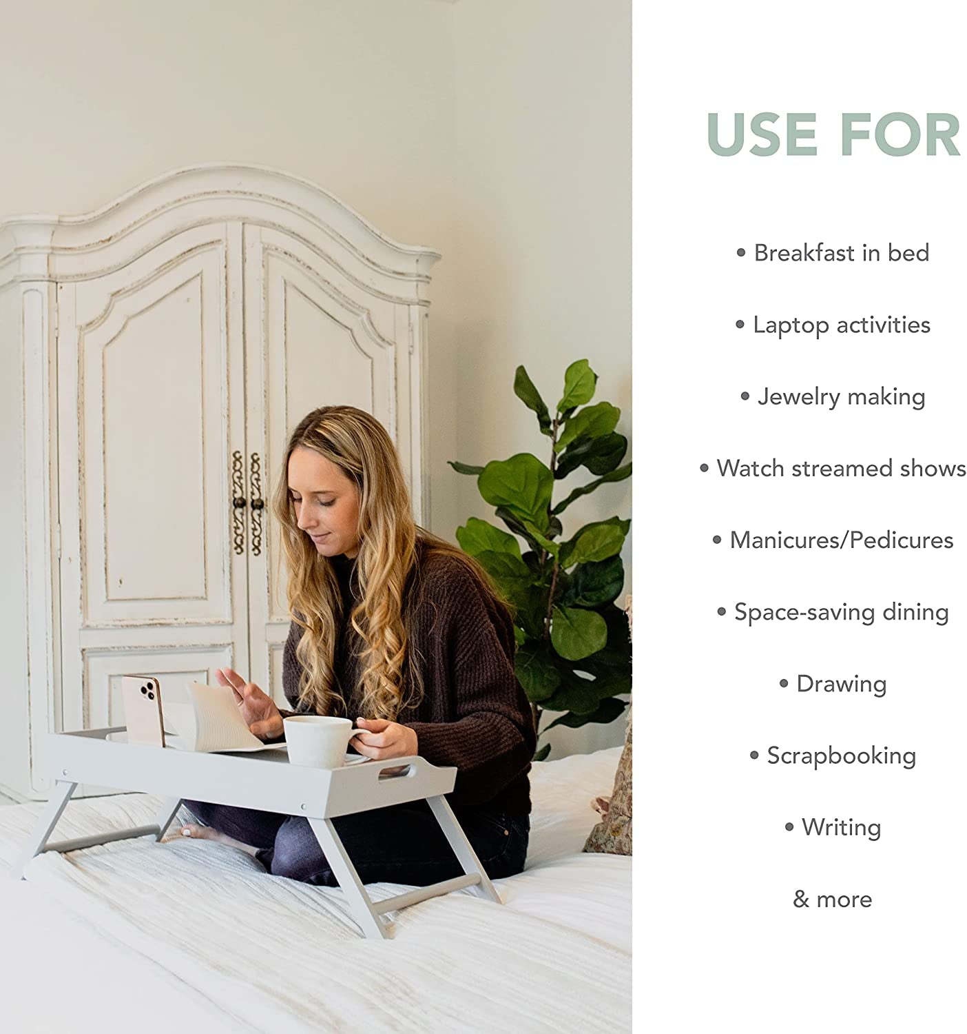 Extra Large Wood Bed Tray, Lap Tray, Lap Desk with Phone Holder - Fits up to 17.3 Inch Laptops and Most Tablets - Calming Gray - Style No. 78105