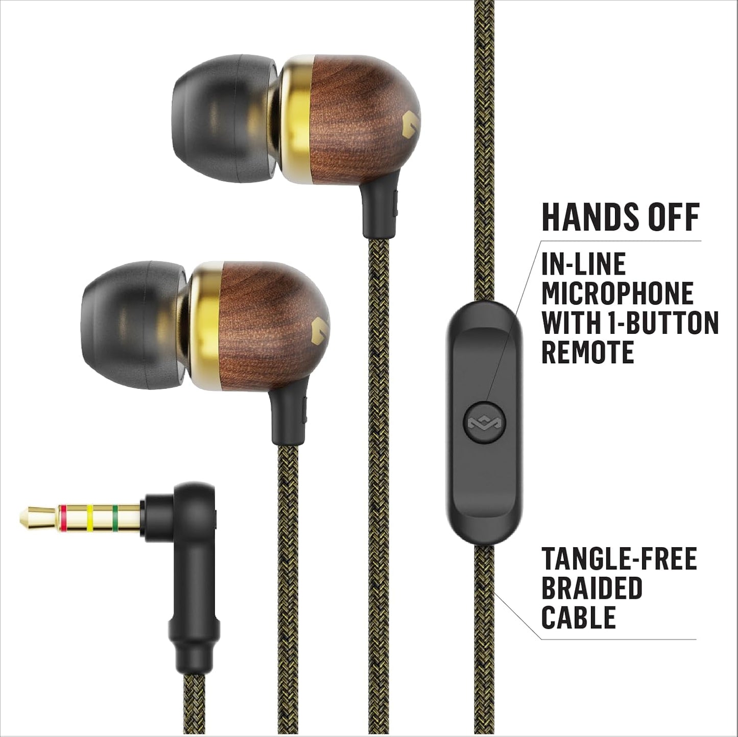 Smile Jamaica: Wired Earphones with Microphone, Noise Isolating Design, and Sustainable Materials, Brass