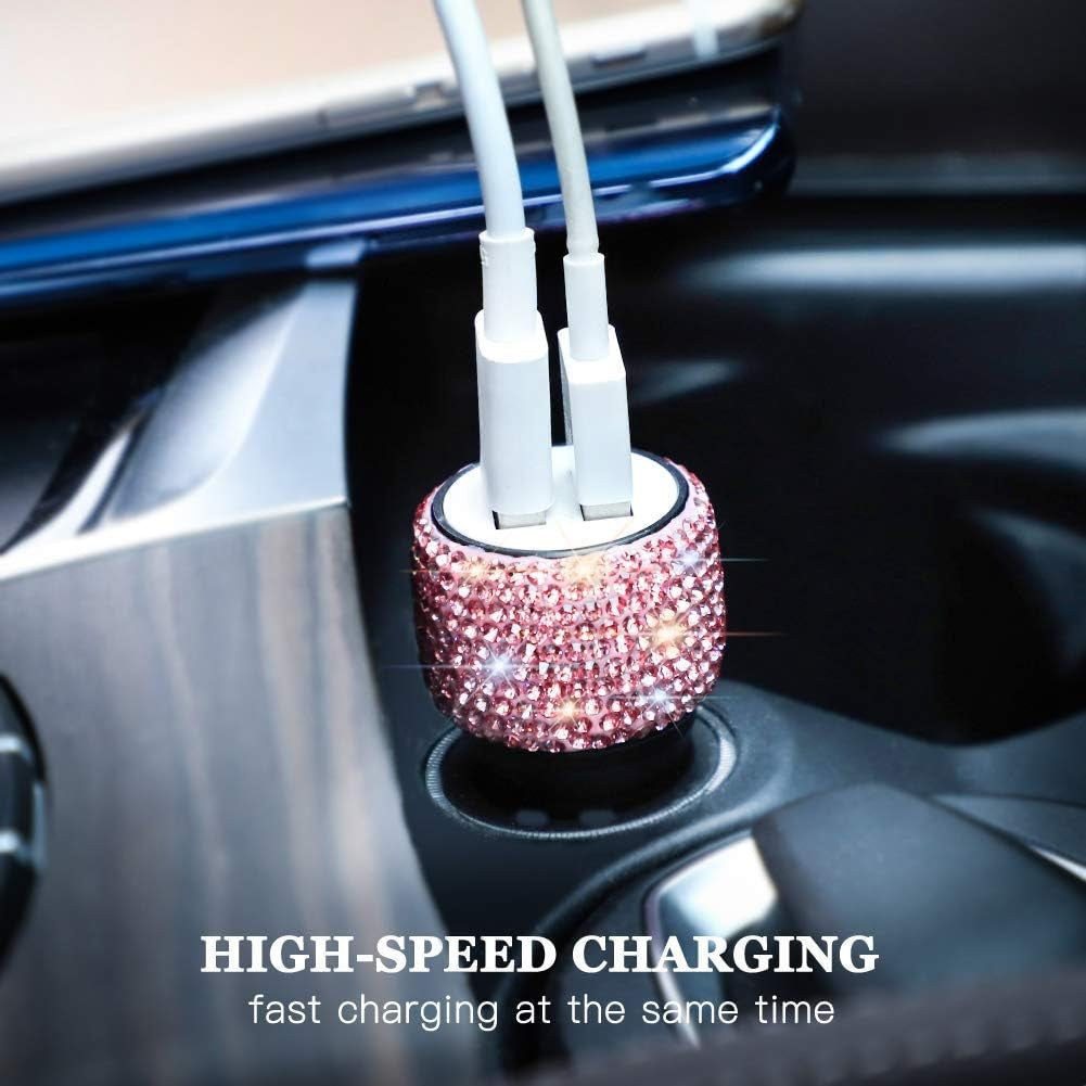 Dual USB Car Charger, Car Adapter Bling Bling Rhinestones Crystal Car Decorations for Fast Charging Car Decors for Iphone Xs Max X Plus, Ipad Pro/Mini, Samsung