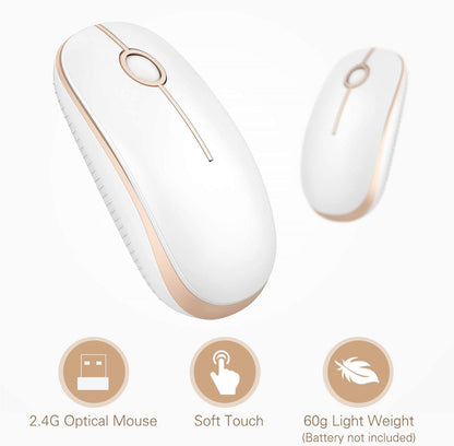 Wireless Mouse, 2.4G Slim Portable Computer Laptop Mouse with Nano Receiver Quiet Silent Optical Mice for Notebook, PC, Laptop, Computer-White and Gold