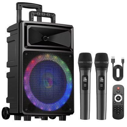 Karaoke Machine with 2 Wireless Microphones, Bluetooth Speaker, and Portable PA System – Includes FM Radio and 12" Woofer for Party